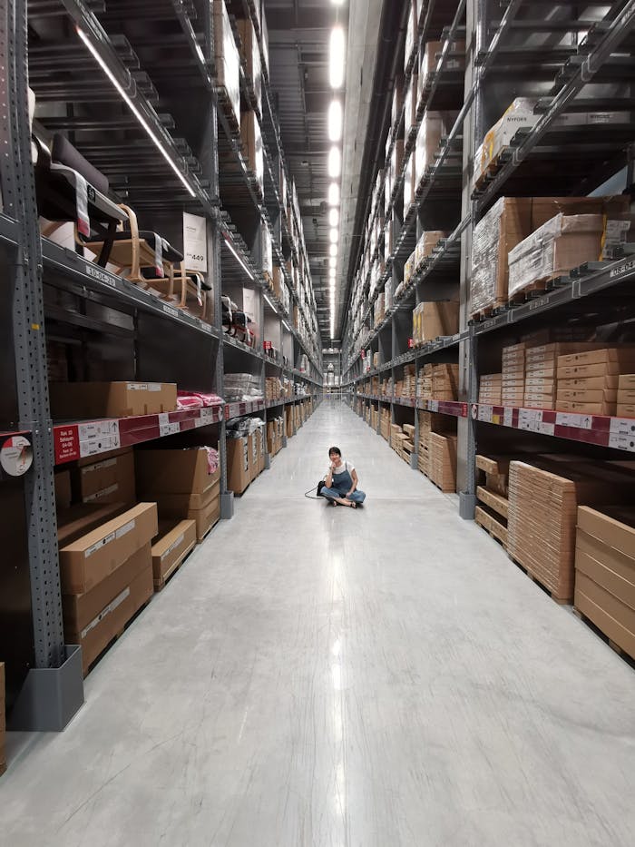 gallery-04 An Asian woman sits in a large warehouse aisle filled with inventory racks and shelves.