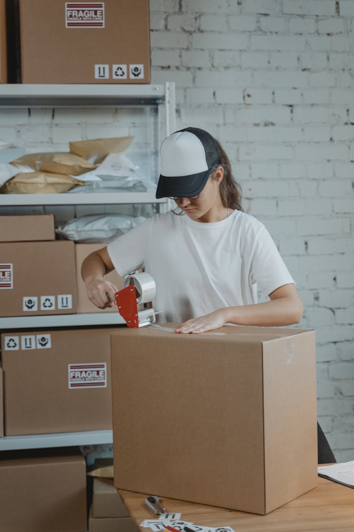 gallery-03 Young female worker sealing cardboard boxes in an indoor warehouse setting.